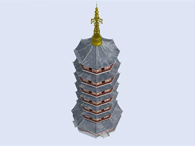 Traditional Chinese Multi story Pagoda With Gray Roof Golden Spire And Red Balconies 3d model