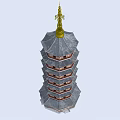 Traditional Chinese Multi story Pagoda With Gray Roof Golden Spire And Red Balconies