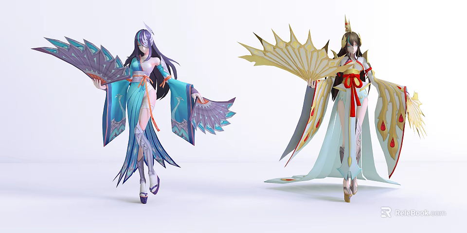 Game and Movie Female Characters in Traditional Outfits with Ornate Fans and Elegant Poses 3d model 