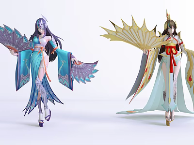 Game and Movie Female Characters in Traditional Outfits with Ornate Fans and Elegant Poses 3d model