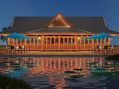 Traditional Wooden Building With Pond Lotus Leaves Blue Umbrellas And Chairs At Night 3d model