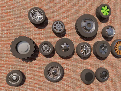 Various Car Tires With Different Rim Designs Displayed On Brick Wall Background 3d model