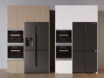 Modern Kitchen Interior Featuring Wooden And White Cabinets Black Refrigerator Freezer And Built in Ovens 3d model