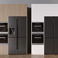 Modern Kitchen Interior Featuring Wooden And White Cabinets Black Refrigerator Freezer And Built in Ovens