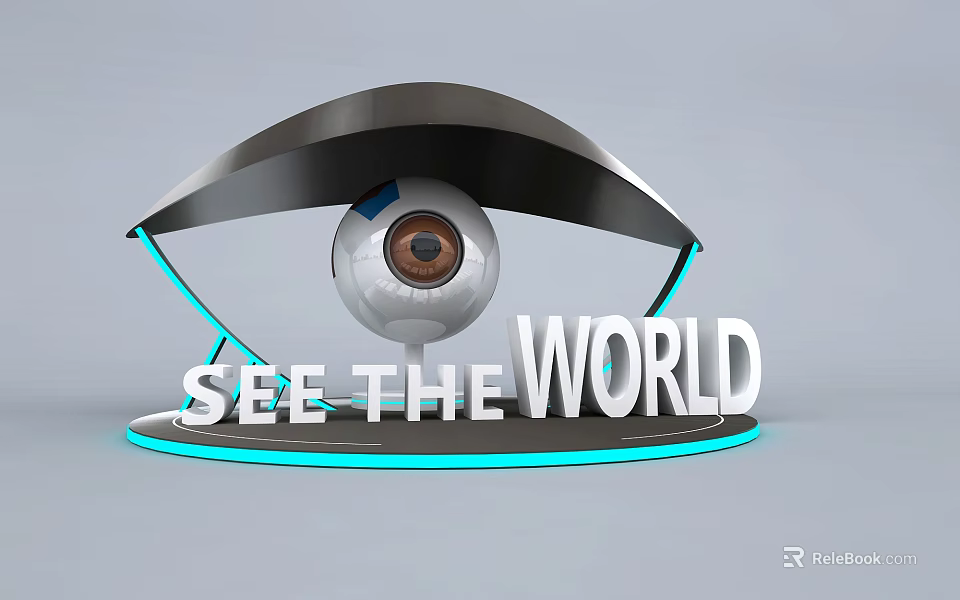 Eye Shaped Art Installation With Central Sphere And See The World Text Glowing Blue Lights 3d model 