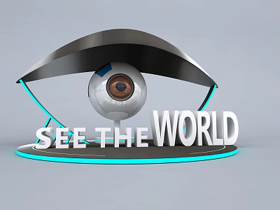 Eye Shaped Art Installation With Central Sphere And See The World Text Glowing Blue Lights 3d model
