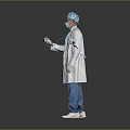 Man Wearing Blue Surgical Cap Scrubs White Coat as Medical Professional with Stethoscope
