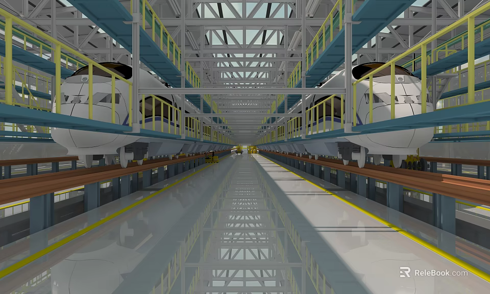 Modern Factory Production Line With Large Equipment Metal Structure Roof And Yellow Railings 3d model 