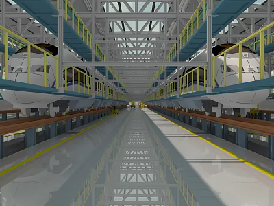 Modern Factory Production Line With Large Equipment Metal Structure Roof And Yellow Railings 3d model