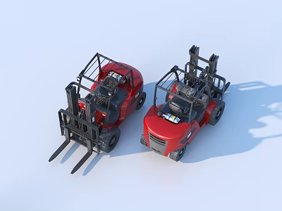 Two Red Industrial Forklifts With Lifting Equipment Side By Side 3d model