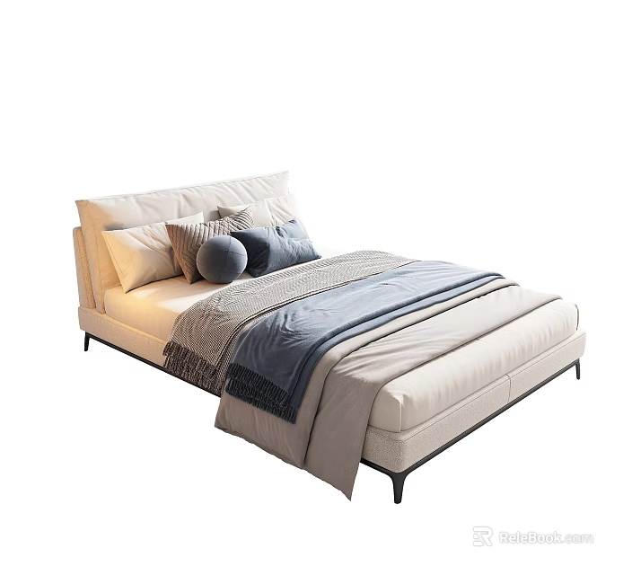 Modern Single Bed Interior Design With Cozy Pillows Soft Bedspread And Beige Frame 3d model 