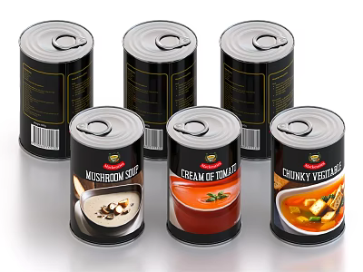 Assorted Canned Soup Varieties Including Mushroom Cream of Tomato and Chunky Vegetable 3d model