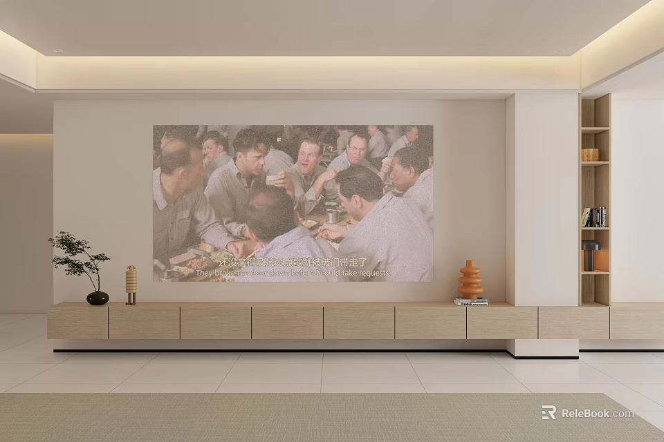 TV Background Wall With Large Group Gathering Painting TV Stand Bookshelf And Green Plant Decor 3d model 