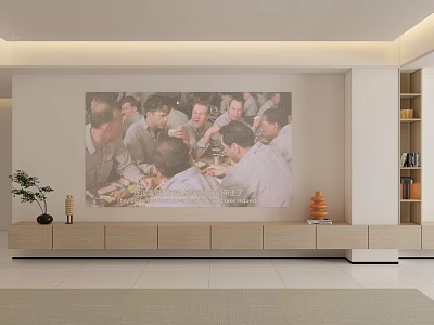 TV Background Wall With Large Group Gathering Painting TV Stand Bookshelf And Green Plant Decor 3d model