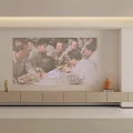 TV Background Wall With Large Group Gathering Painting TV Stand Bookshelf And Green Plant Decor