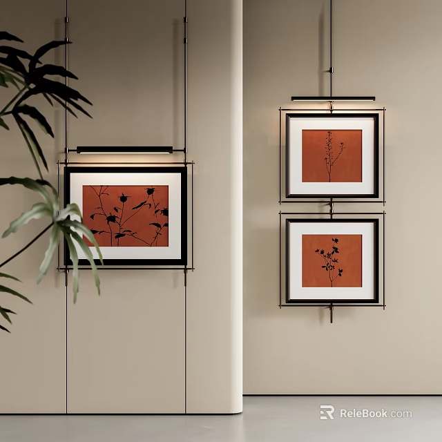 Minimalist Botanical Paintings Hanging On Beige Wall With Black Frames And Decorative Leaves 3d model 