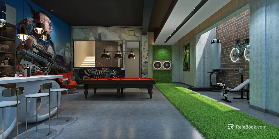 Stylish Basement Entertainment Space With Pool Table Fitness Equipment Green Carpet And Brick Walls 3d model 