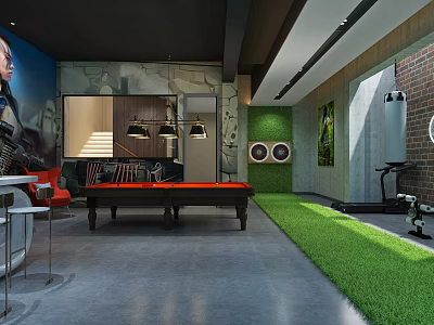Stylish Basement Entertainment Space With Pool Table Fitness Equipment Green Carpet And Brick Walls 3d model