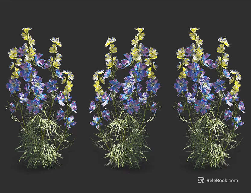 Vibrant Blue And Yellow Flower Blooms In Three Clusters Against Black Background For Decor 3d model 