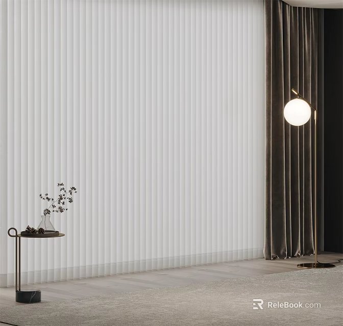 White Vertical Blinds in Modern Interior with Dark Curtains Small Table and Floor Lamp 3d model 