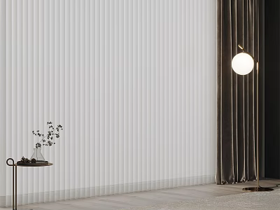 White Vertical Blinds in Modern Interior with Dark Curtains Small Table and Floor Lamp 3d model