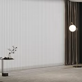 White Vertical Blinds in Modern Interior with Dark Curtains Small Table and Floor Lamp