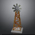 Detailed Windmill Model With Metal Blades And Orange Tower Frame Base