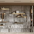 Modern Minimalist Stone Wall Background With Floating Shelves Built In Lighting And Decorative Vases Books