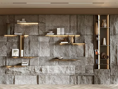 Modern Minimalist Stone Wall Background With Floating Shelves Built In Lighting And Decorative Vases Books 3d model