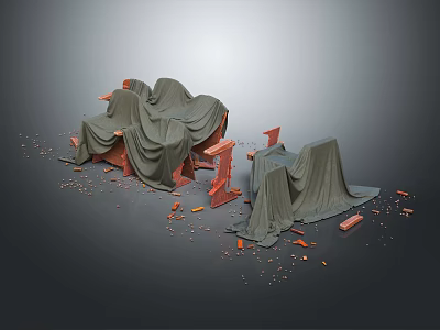 Broken Furniture Covered With Gray Cloth Surrounded By Wooden Debris On Gray Background 3d model