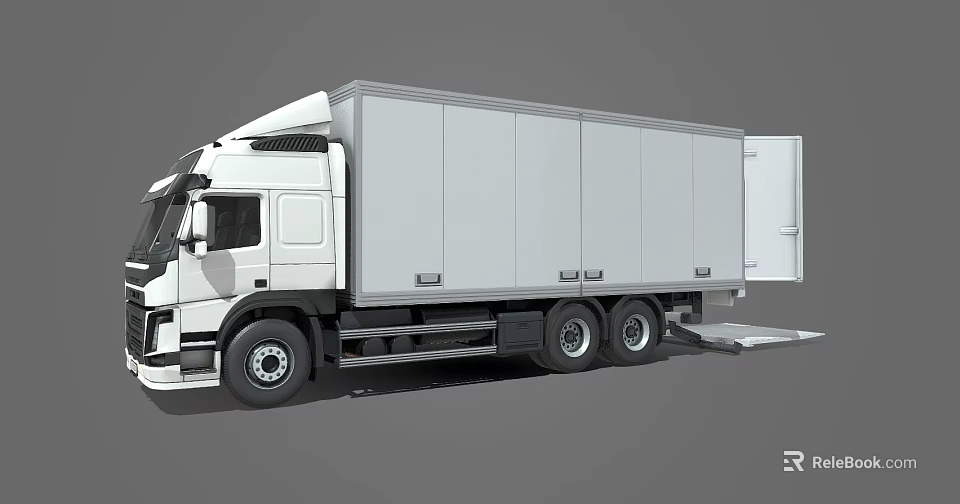 White Refrigerated Box Truck With Open Rear Door And Loading Ramp 3d model 