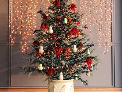 Festive Decorated Tree With Red Green Ornaments White Accents And String Lights 3d model