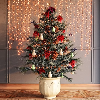Festive Decorated Tree With Red Green Ornaments White Accents And String Lights 3d model