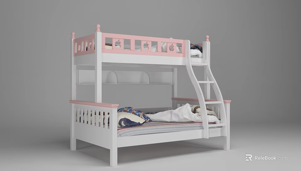 Kids White and Pink Bunk Bed with Cartoon Railings Safety Ladder and Comfortable Mattress 3d model 