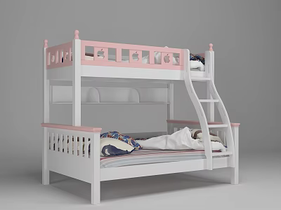 Kids White and Pink Bunk Bed with Cartoon Railings Safety Ladder and Comfortable Mattress 3d model