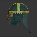 Ancient Green And Gold Decorative Helmet With Red Accents And Gold Trim