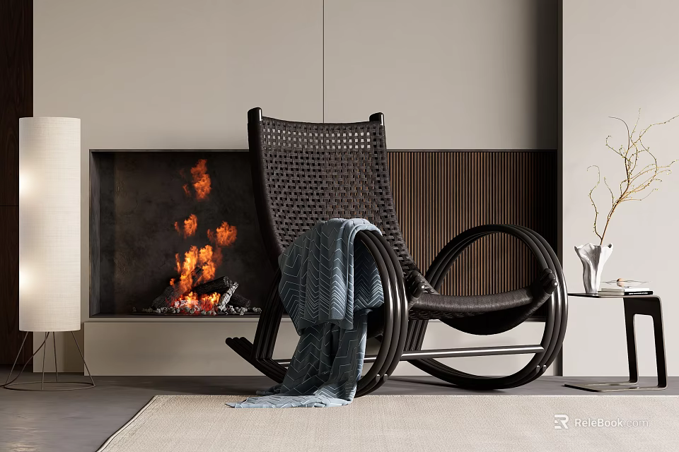 Modern Interior Rocking Chair With Warm Fireplace And Cozy Blue Blanket 3d model 