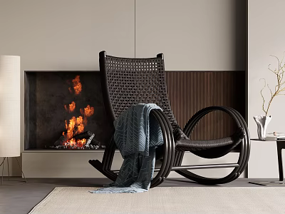 Modern Interior Rocking Chair With Warm Fireplace And Cozy Blue Blanket 3d model