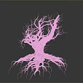 Withered Tree With Dry Trunk Branches And Green Mossy Roots On Dark Background