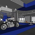 Modern Exhibition Hall Interior With Vintage Motorcycle Blue Curved Structure Wooden Floor And Display Cabinets