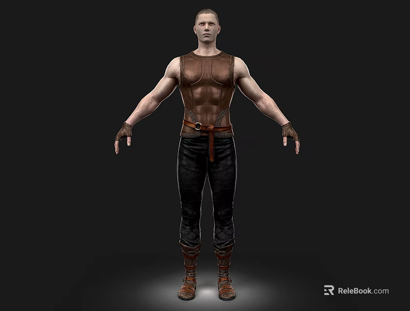Muscular Man In Brown Leather Vest And Black Pants Standing With Arms Outstretched 3d model 