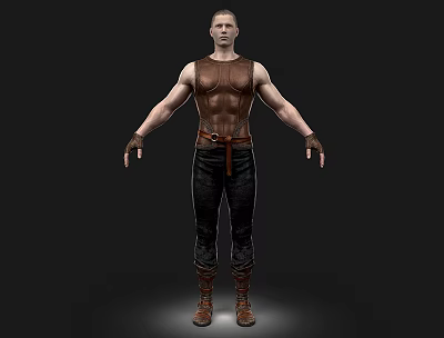 Muscular Man In Brown Leather Vest And Black Pants Standing With Arms Outstretched 3d model