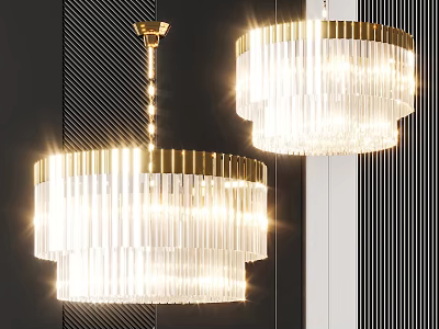 Elegant Modern Crystal Chandeliers With Golden Frame And Transparent Strips Illuminated Brightly 3d model