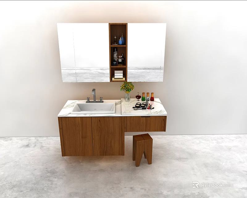 Modern Bathroom Vanity With Wooden Cabinet Marble Countertop Mirror Stool And Toiletries 3d model 