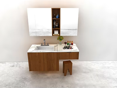 Modern Bathroom Vanity With Wooden Cabinet Marble Countertop Mirror Stool And Toiletries 3d model