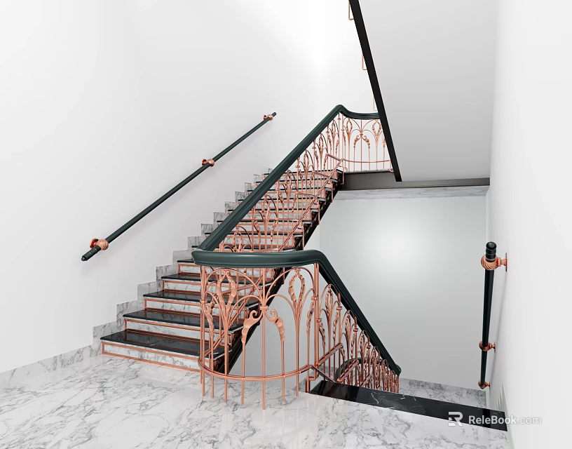 Modern Staircase With Copper Decorative Railings Black Handrails And Marble Floor 3d model 