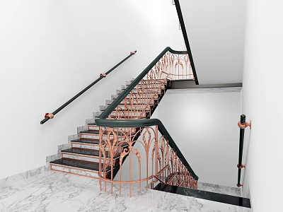 Modern Staircase With Copper Decorative Railings Black Handrails And Marble Floor 3d model