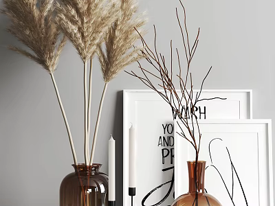 Decorative Ornament Set With Pampas Grass Twigs Picture Frames And Vases 3d model