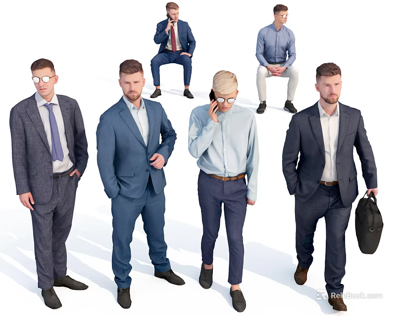 Group of Businessmen in Formal Suits Standing and Sitting in Various Poses 3d model 