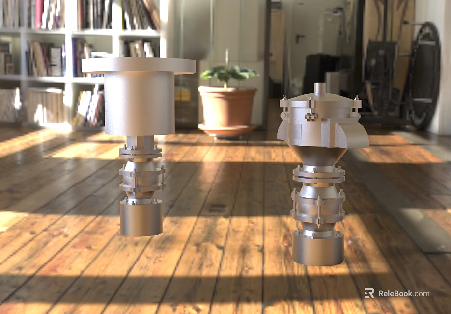 Two Silver Metal Components Placed On Wooden Floor With Bookshelf And Potted Plant 3d model 